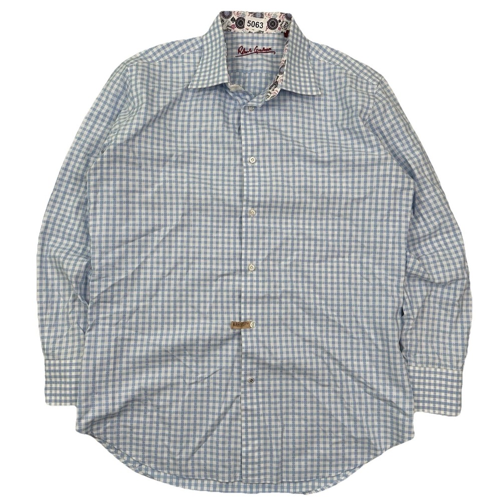 Robert Graham Flip Cuffs Shirt Men 41 16 White Blue Plaid Cotton Slim Darted